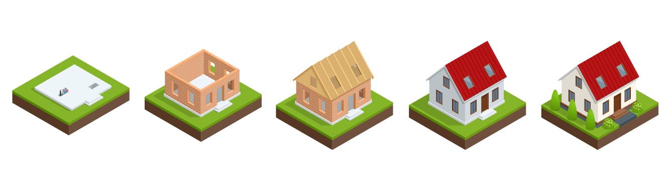 An illustration of the 5 phases of building a house.