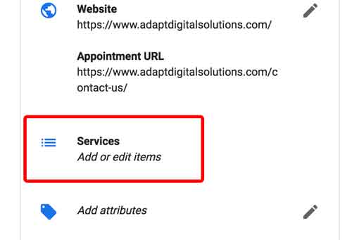 A screenshot of the services section on GMB