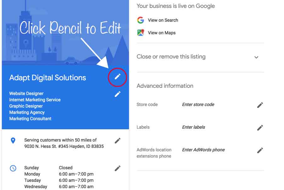 GMB Information page showing you where the edit pencil is.