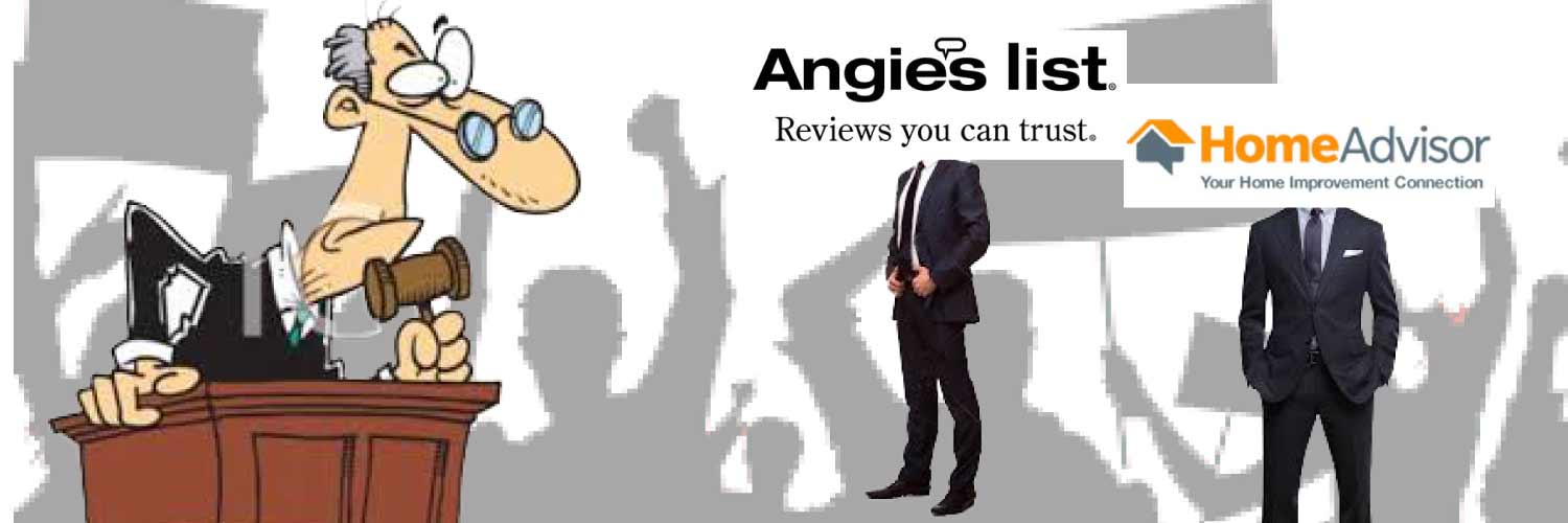 Homeadvisor and Angie's List standing in courtroom with judge looked at them inquisitorily and an angry mob in the backgorund