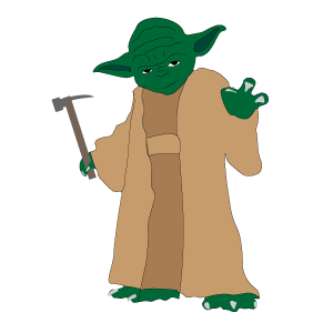 Yoda using the force to make a sale with a hammer in his hand